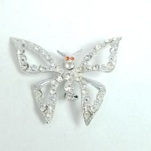 Vintage Rhinestone Butterfly Brooch, Silver Tone Red Eyes Estate, Missing Stones - Picture 5 of 5